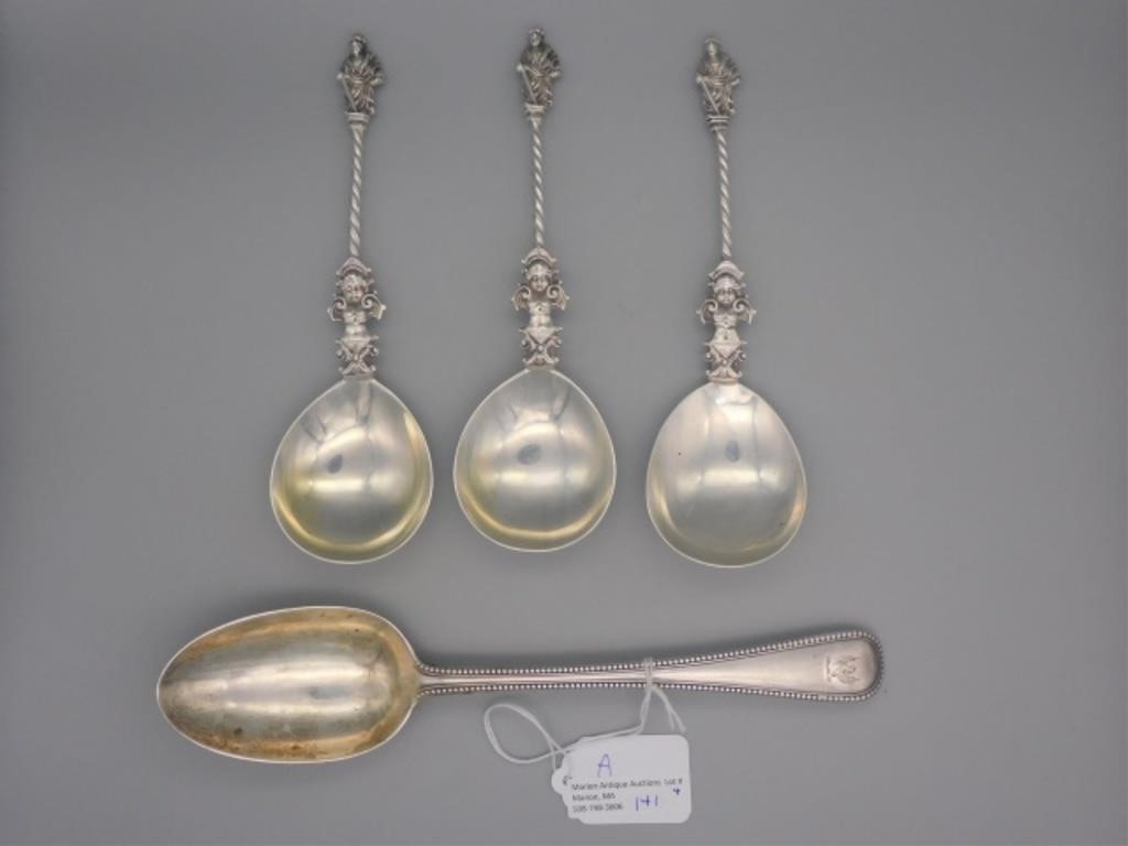 Appraisal: ENGLISH STERLING SILVER SPOONS THREE ARELondon elaborate figural decoration on