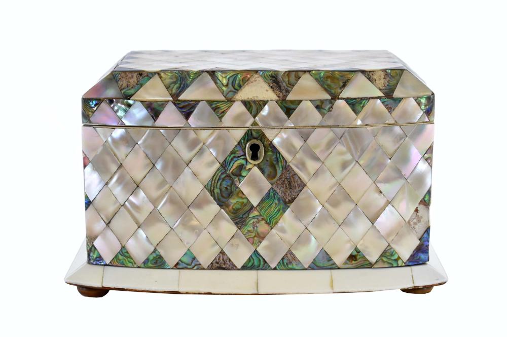 Appraisal: VICTORIAN ABALONE AND MOTHER-OF-PEARL TEA CADDYCirca The bowed lid opening