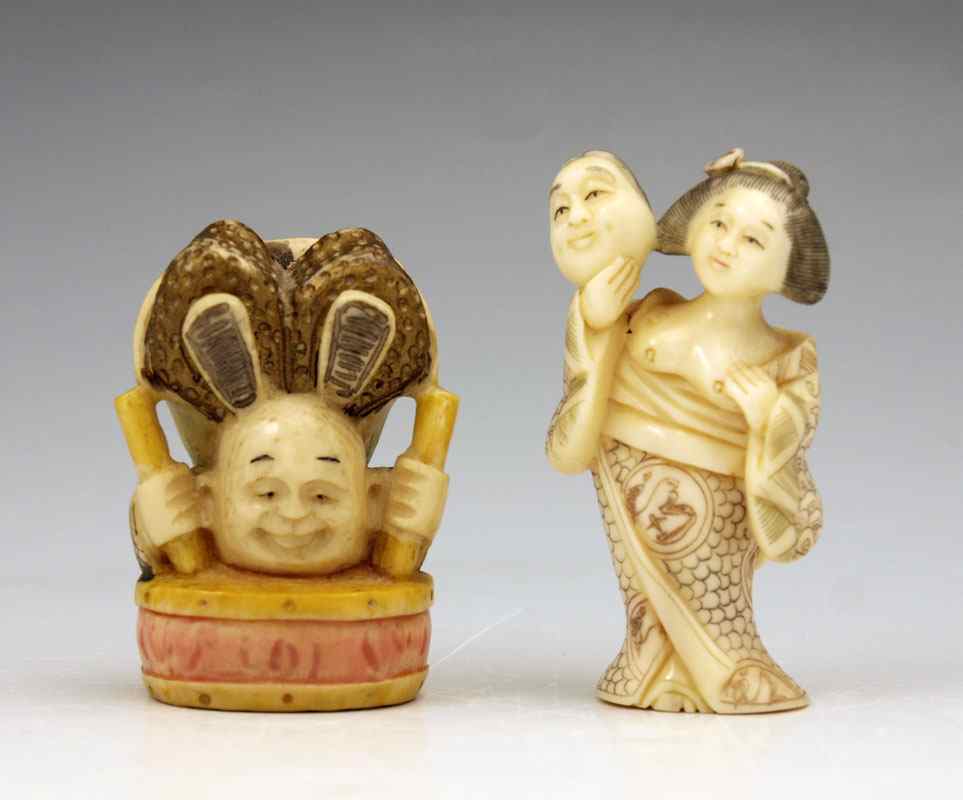 Appraisal: PIECE CARVED IVORY FIGURES NETSUKE To include Man bent over