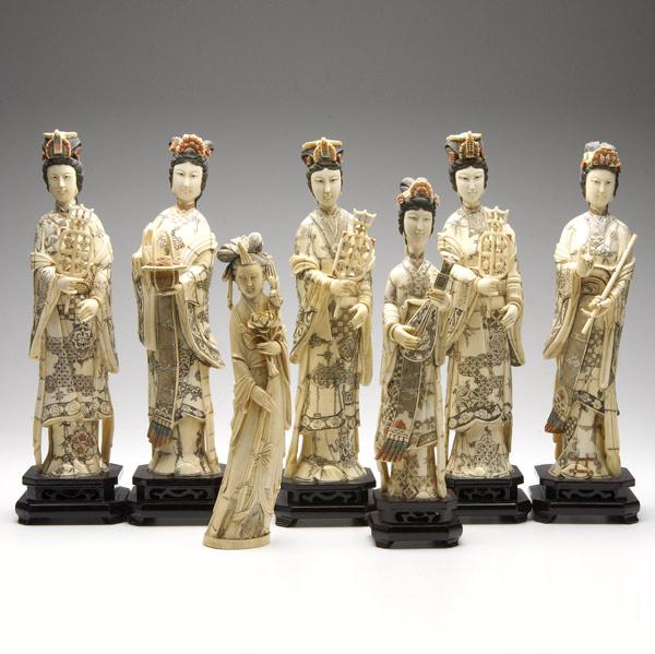 Appraisal: CHINESE IVORY BONE Six carved and polychromed figures on wood