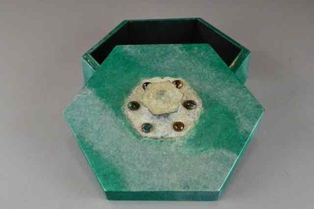 Appraisal: A Six Sided Wood Stone BoxSix sided green and pewter