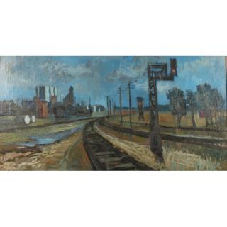 Appraisal: Urban Railroad Painting Framed oil on board urban railroad twilight