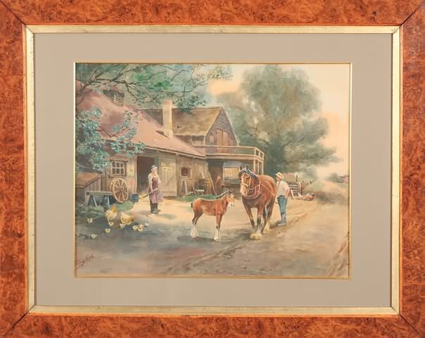 Appraisal: The Conversation roadside scene with two figures horses and chickens