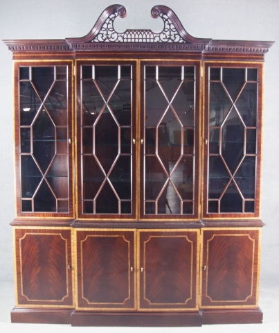 Appraisal: Councill Mahogany Breakfront CabinetHaving goose-neck pediment with pierced Chippendale style