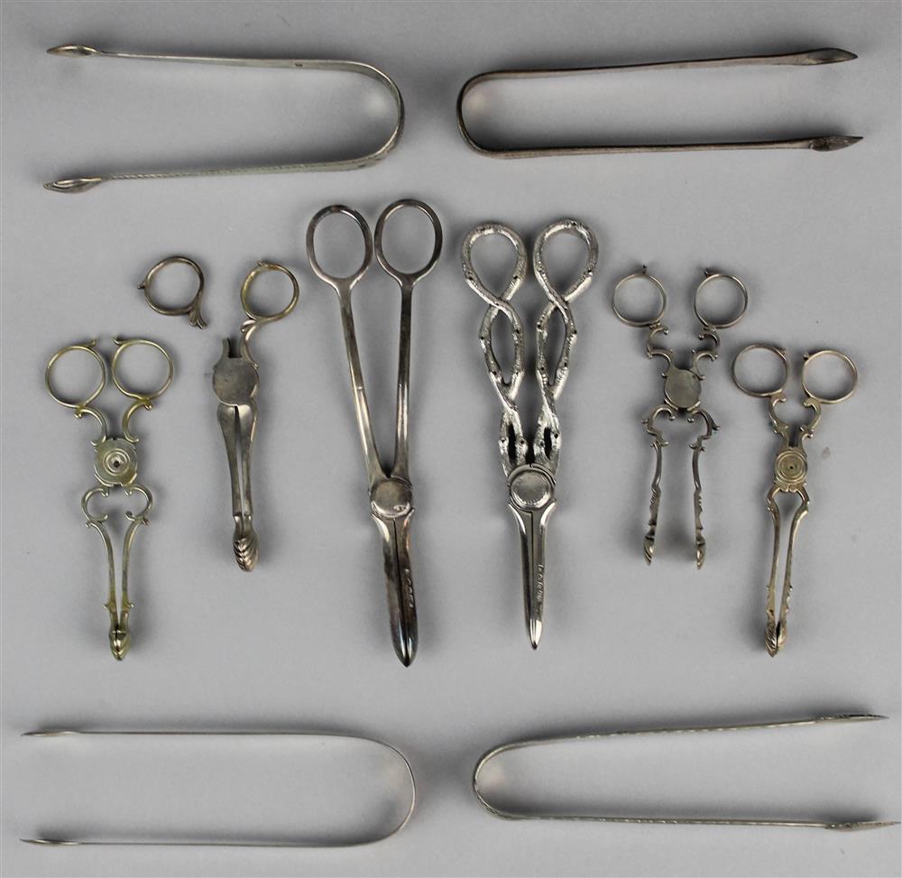 Appraisal: ECLECTIC GROUP OF ENGLISH SILVER AND PLATED SUGAR TONGS NIPS