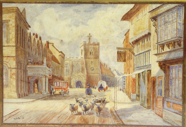 Appraisal: HWB -Watercolour depicting a shepherd with sheep in a village