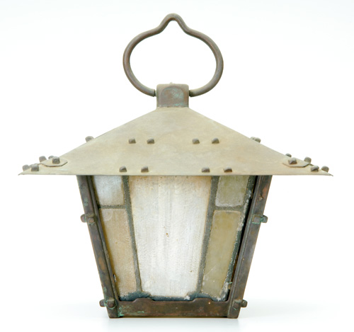 Appraisal: GREENE GREENE Reproduction bronze and leaded glass exterior lantern an