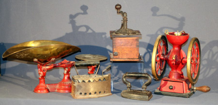 Appraisal: Group of Four Painted Metal Coffee Grinders a Balance Scale