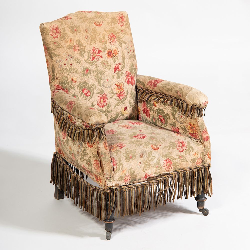 Appraisal: Miniature Victorian Upholstered Armchair Fitted with a fringe apron and