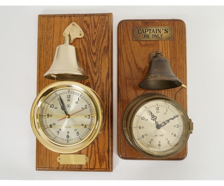 Appraisal: Two oak mounted ships clocks both quartz operated Largest h