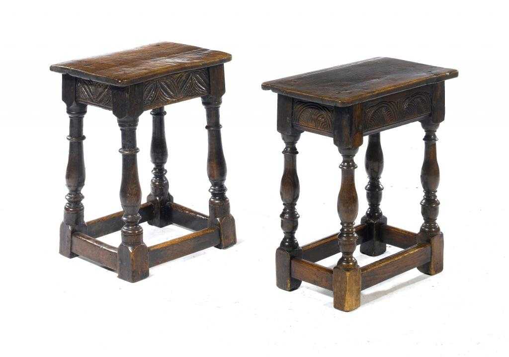 Appraisal: TWO OAK JOINT STOOLS with leaf or lunette carved frieze