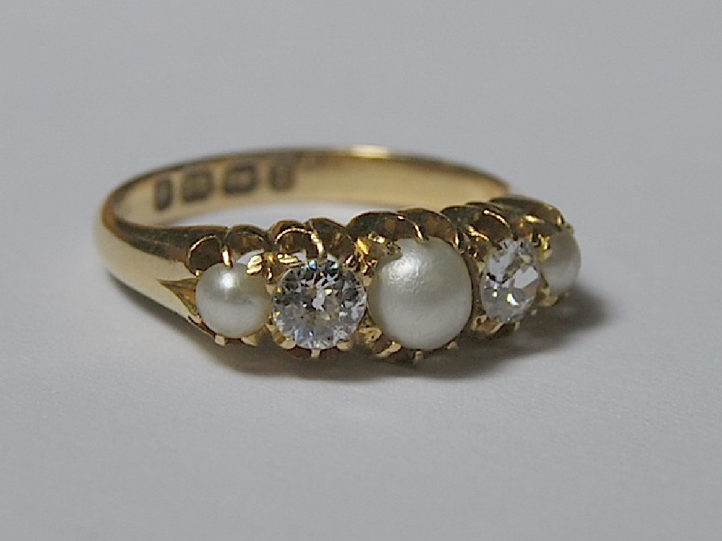 Appraisal: Diamond and half-pearl five stone antique ring ct yellow gold