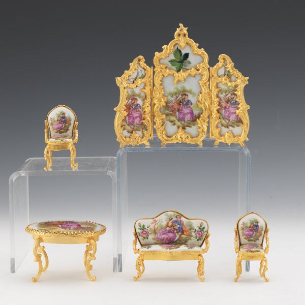 Appraisal: FIVE PIECES OF LOUIS XIV STYLE CABINET MINIATURES Chairs are