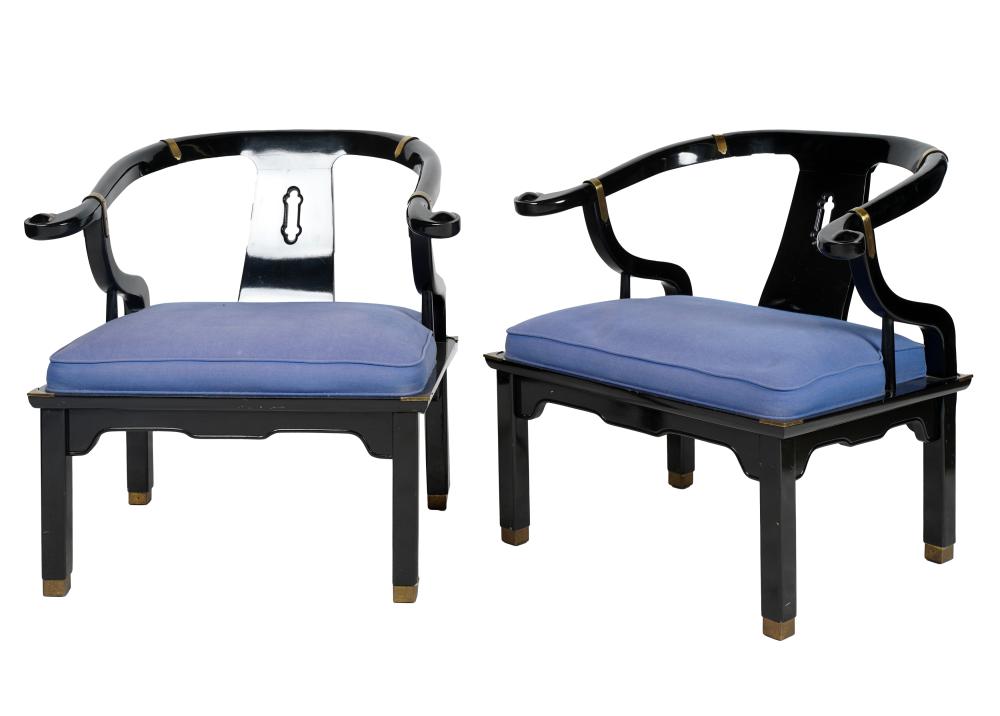 Appraisal: PAIR OF ASIAN-STYLE LACQUERED ARMCHAIRSmodern unsigned the fixed seat cushions