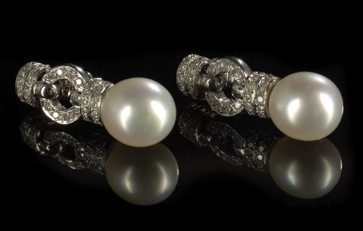 Appraisal: Pair of Elegant Eighteen-Karat White Gold Pearl and Diamond Drop