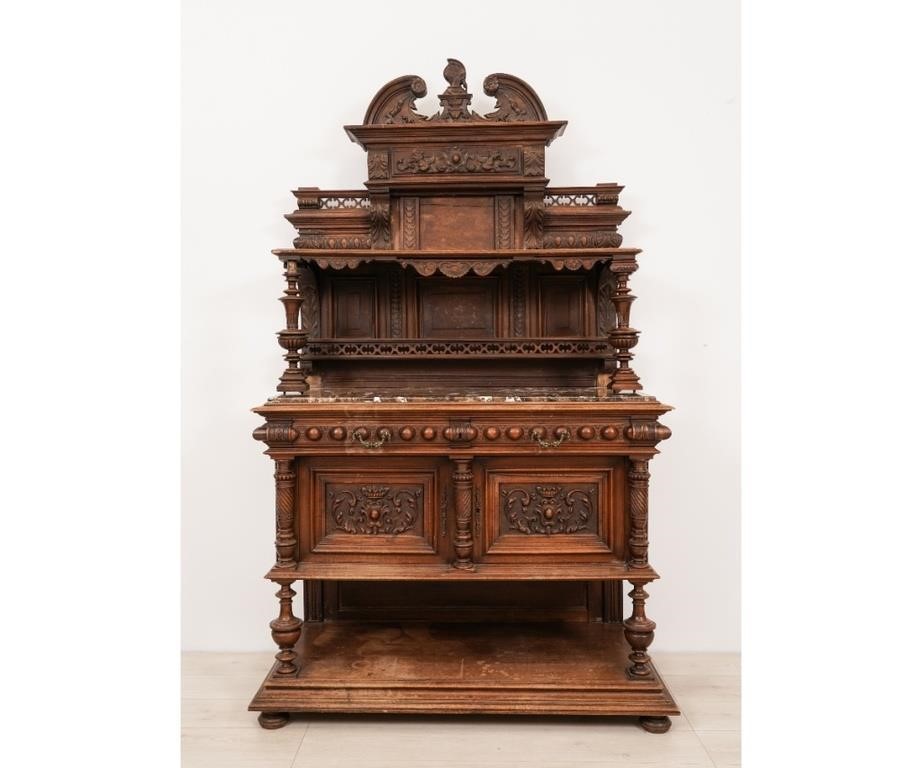 Appraisal: Continental walnut two-part sideboard circa with extensive carving h x