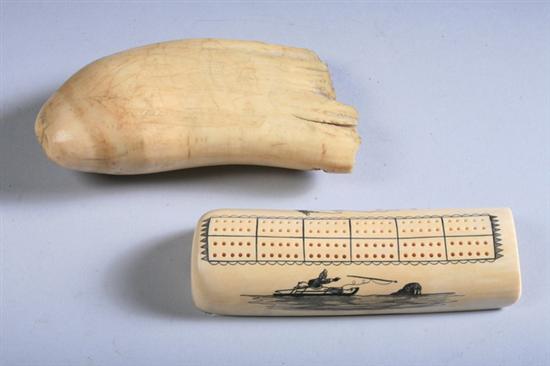 Appraisal: TWO PIECES CARVED AND DECORATED IVORY One an Alaskan Inuit