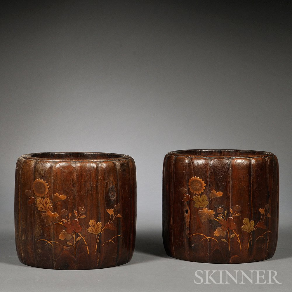 Appraisal: Pair of Hibachi Japan late th century chrysanthemum-shape depicting autumn