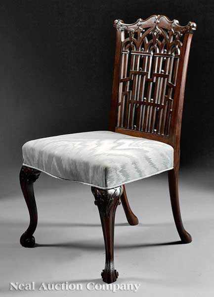 Appraisal: A George III-Style Carved Mahogany Side Chair Gothicized reticulated back