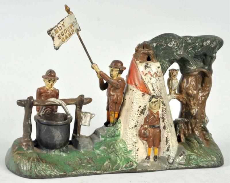 Appraisal: Cast Iron Boy Scout Camp Mechanical Bank Manufactured by J