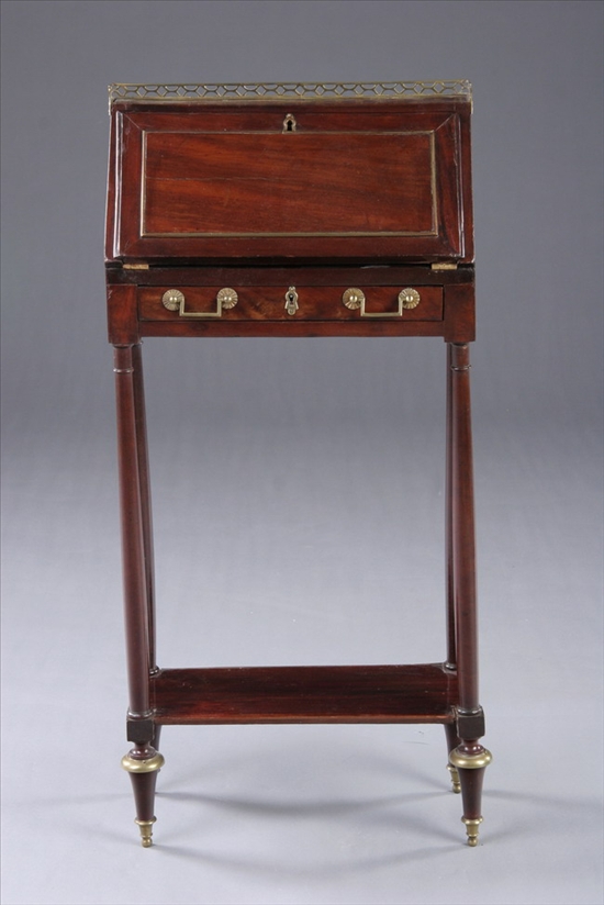 Appraisal: DIRECTOIRE MAHOGANY BRASS-MOUNTED SLANT-FRONT DIMINUTIVE WRITING DESK Late th century