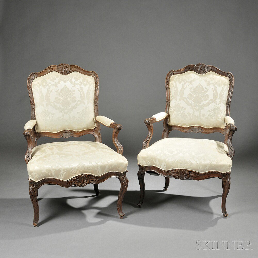 Appraisal: Pair of Louis XV Beechwood Fauteuil France th century each