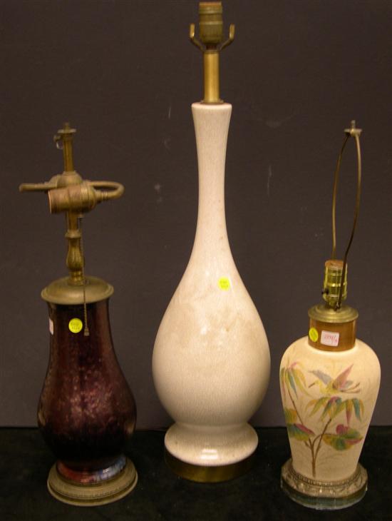 Appraisal: Three lamps one iridescent glaze one white ceramic and crackle