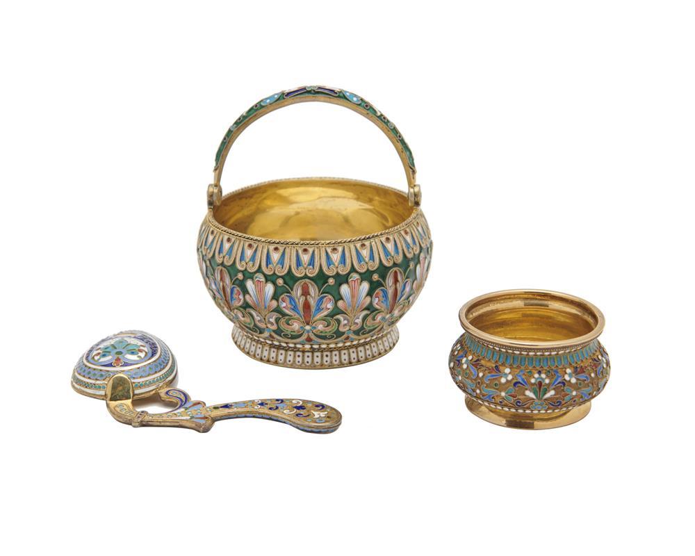 Appraisal: Russian Gilt Silver and Enamel Basket Salt and Spoon the