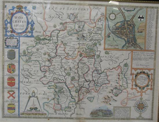 Appraisal: John Speed Hand coloured engraved map of Worcestershire With a