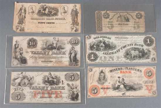 Appraisal: Four privately-issued bank notes one municipal note and a store-owner's