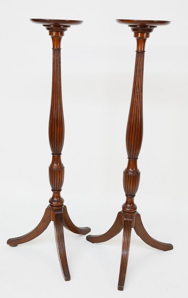 Appraisal: Pair of Mahogany Reeded Tripod Pedestal Columns Pair of Mahogany