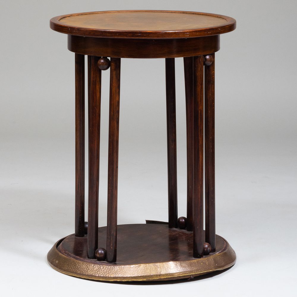 Appraisal: Secessionist Style Brass-Mounted Stained Wood Side Table x in diam