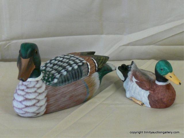 Appraisal: Wood Carve Porcelain Hand Painted Duck Figures - the larger