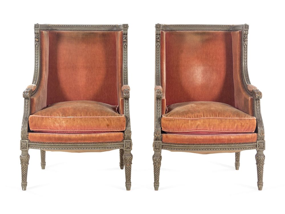 Appraisal: A Pair of Louis XVI Carved and Painted Walnut Bergeres