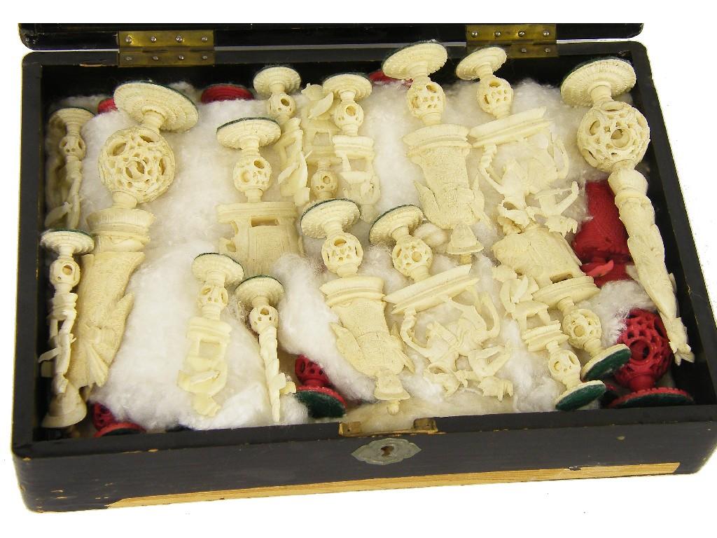 Appraisal: Chinese Export carved ivory and stained ivory chess set within