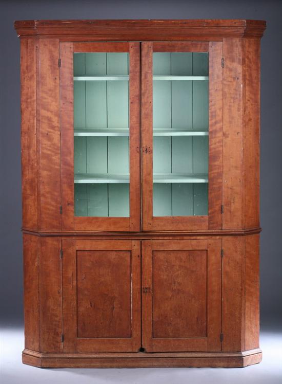 Appraisal: AMERICAN TWO-PART COUNTRY CORNER CABINET th century with light green