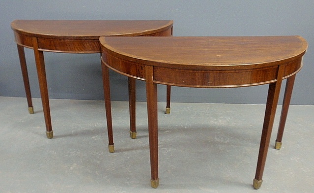 Appraisal: - Pair of English Hepplewhite style mahogany demilune tables with