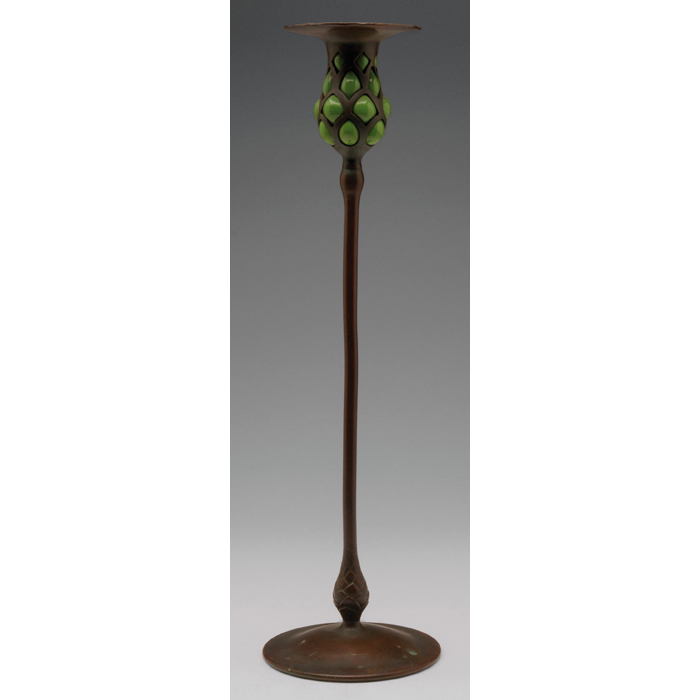 Appraisal: Exceptional Tiffany Studios candlestick bronze with carved pine cone design