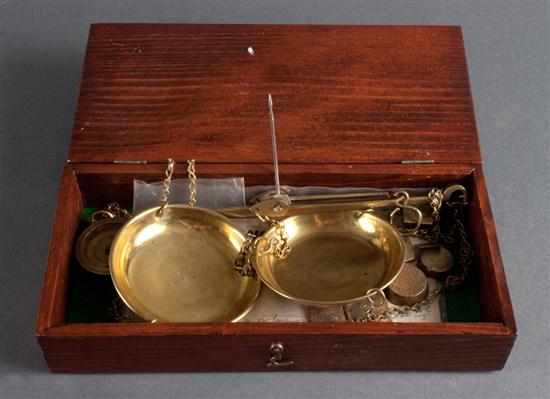 Appraisal: Brass jeweler's scale with weights in wood box Estimate -