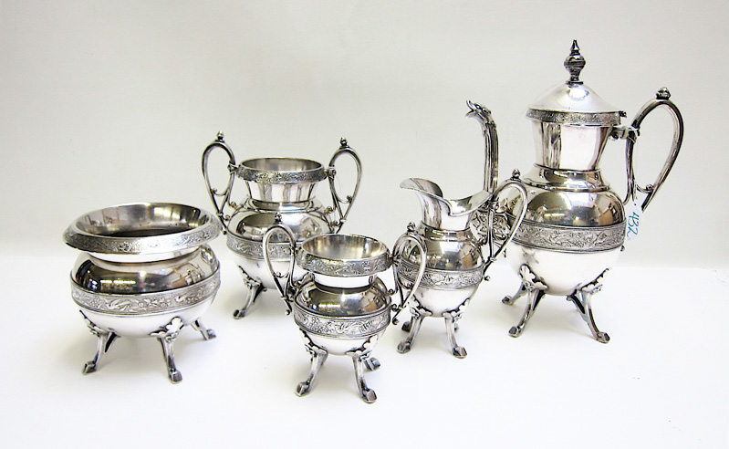 Appraisal: SILVER PLATE TEA SET five pieces comprised of tall teapot