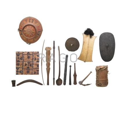 Appraisal: TRIBAL ITEMS Sixteen items include shields clubs tapa cloth dippers