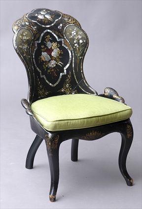 Appraisal: VICTORIAN MOTHER-OF-PEARL INLAID PAPIER MACH PARLOR CHAIR The balloon-shape back