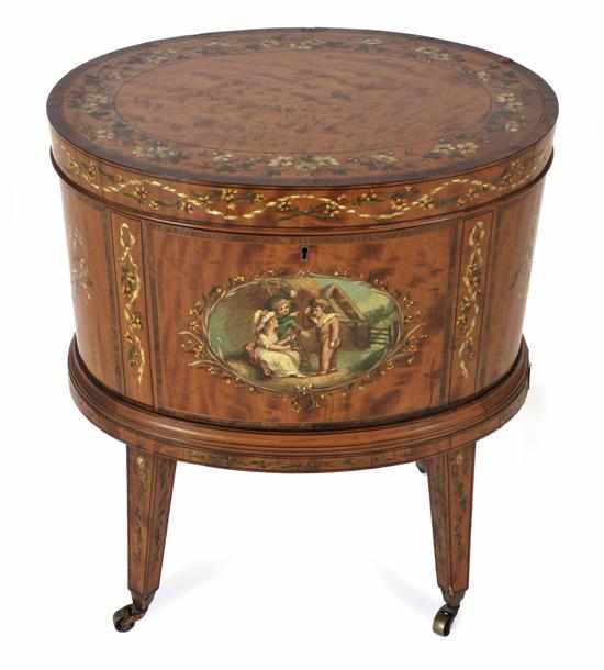 Appraisal: A VICTORIAN HAND PAINTED SATINWOOD CELLARETTE CIRCA Ovoid with a