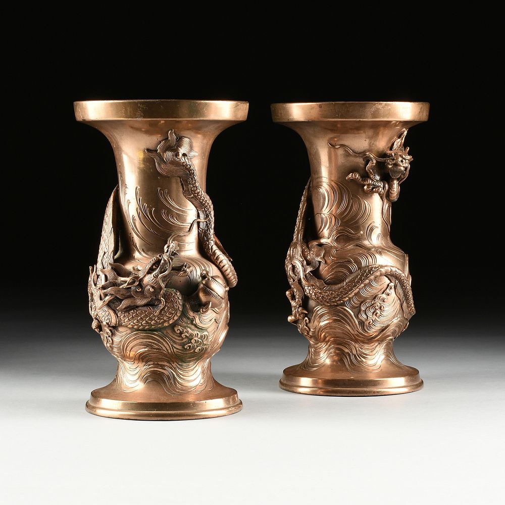 Appraisal: A PAIR OF JAPANESE DRAGON BRONZE VASES SIGNED MEIJI PERIOD