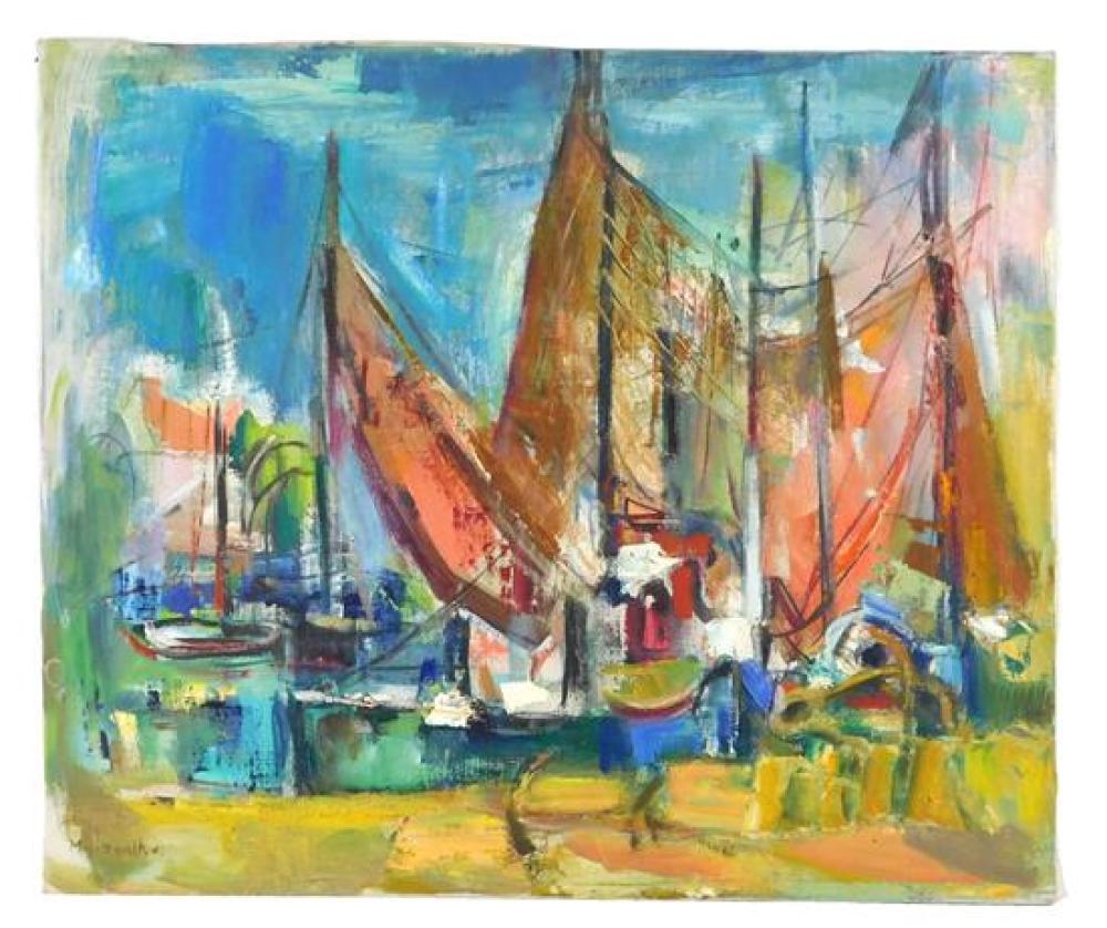 Appraisal: Marion Huse American - Red Sails oil on canvas signed