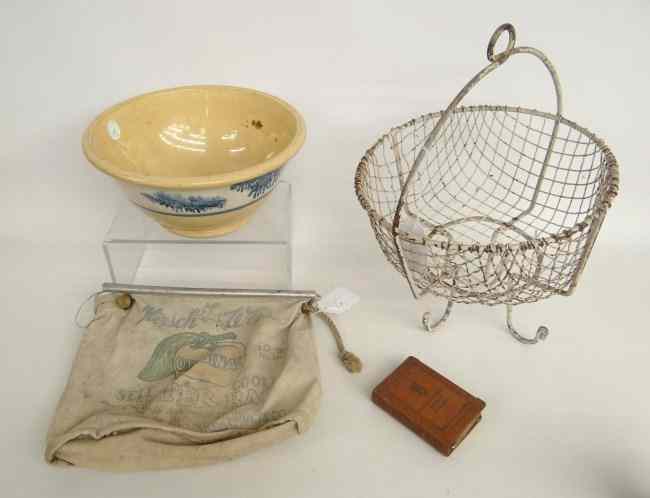 Appraisal: Misc lot including wire miners basket vintage book bank yelloware