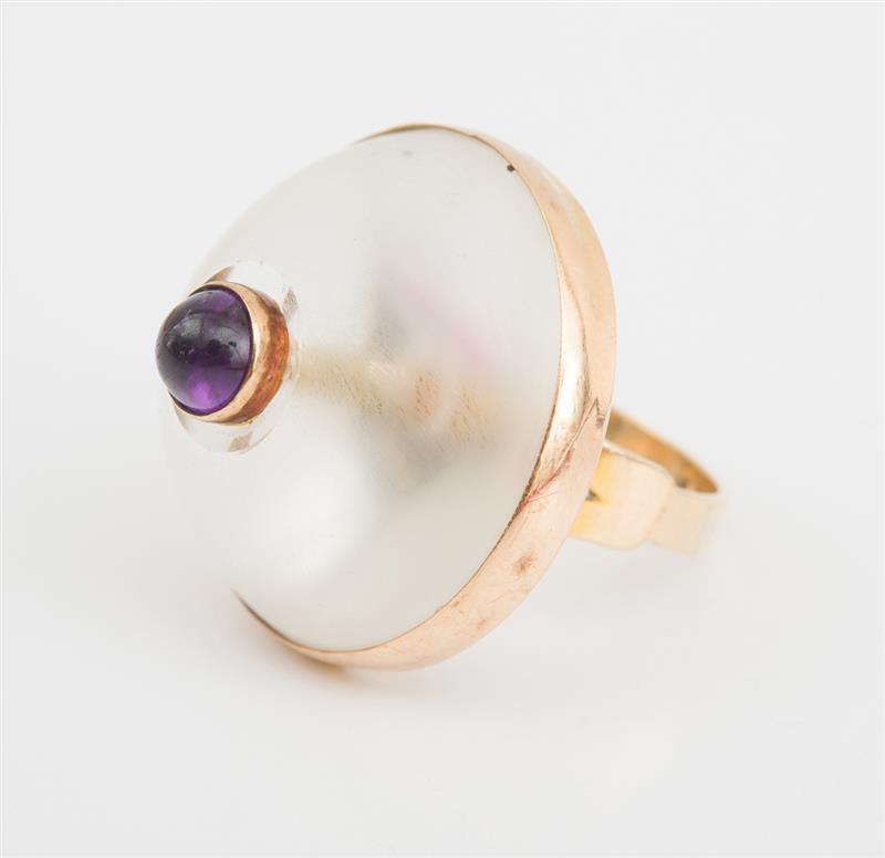 Appraisal: K YELLOW GOLD ROCK CRYSTAL AND AMETHYST RING Stamped '