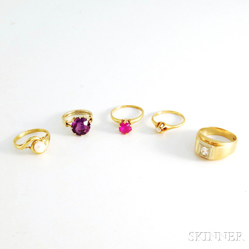 Appraisal: Five kt Gold Rings two with colored gemstones one with