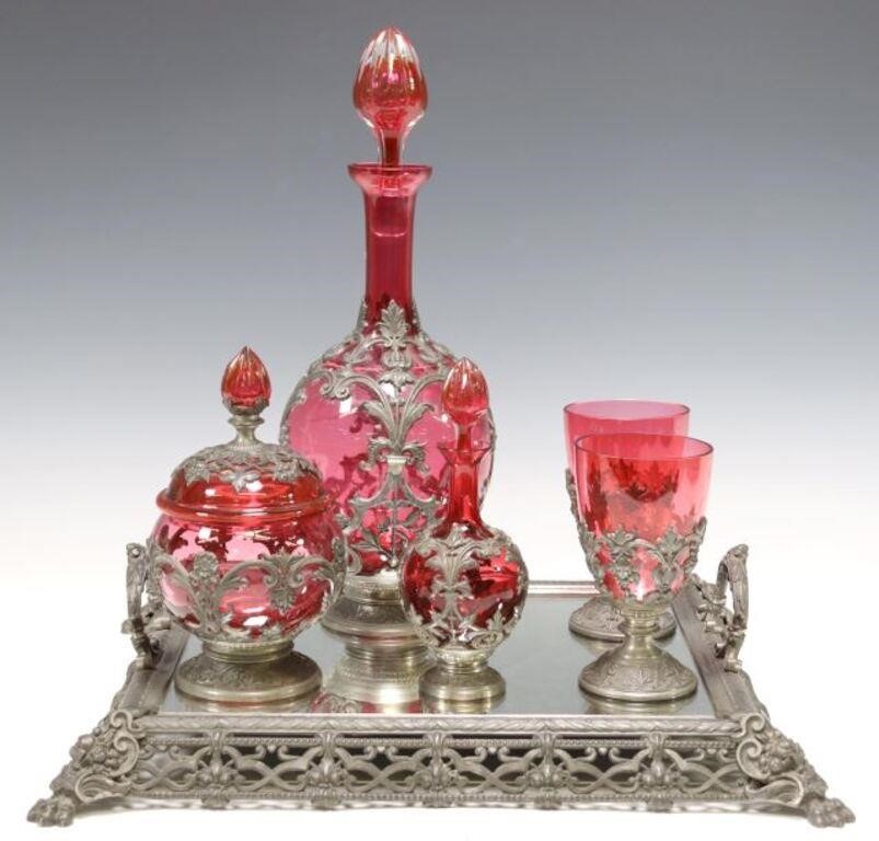 Appraisal: CONTINENTAL PEWTER OVERLAY CRANBERRY GLASS SET lot of Continental pewter-mounted