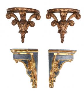 Appraisal: Two Pairs Carved and Painted Wooden Wall Brackets French late